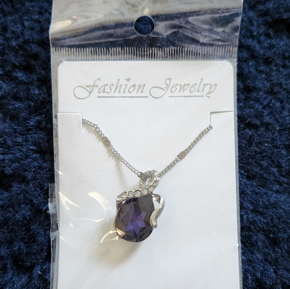 Purple Teardrop, silver necklace